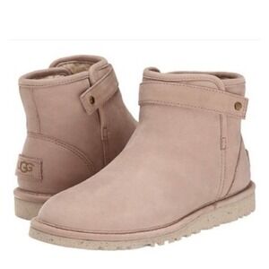 Ugg Sz 6 Boots Rella Beige Suede Shearling Lined Ankle Short Booties Snap Strap